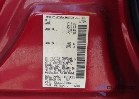 2016 Nissan Altima 2.5/2.5 S/2.5 Sl/2.5 Sr/2.5 Sv z USA, uszkodzony, nr VIN 1N4AL3AP5GC168918